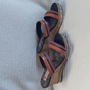 Two lips multi color sandal in a size 8 with a 3.5in wedge heel, gently worn